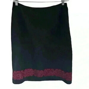 Ann Taylor Loft Women's‎ Wool Pencil Skirt Black Red Embroidered Hem 14